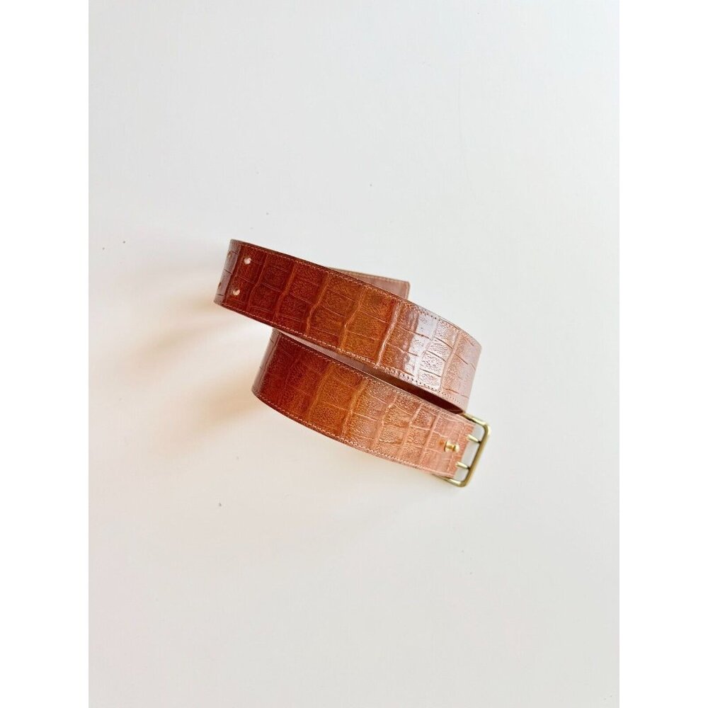 ARTHUR MENDONCA Brown Croc Embossed Leather Wide Waist Belt, Size 32/S